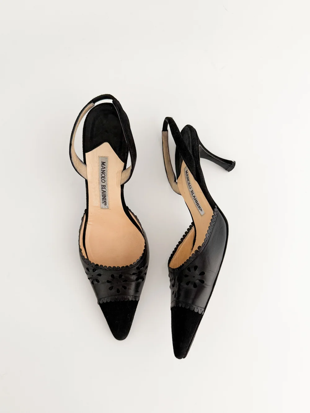 Manolo Blahnik Iconic Black Eyelet Slingback Mule Heels (US 7.5